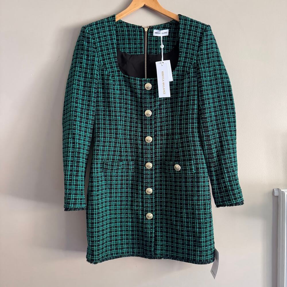 Rebecca Vallance Becca Green Black Check Long Sleeve Mini Dress US 8 UK 12 New - Picture 11 of 11